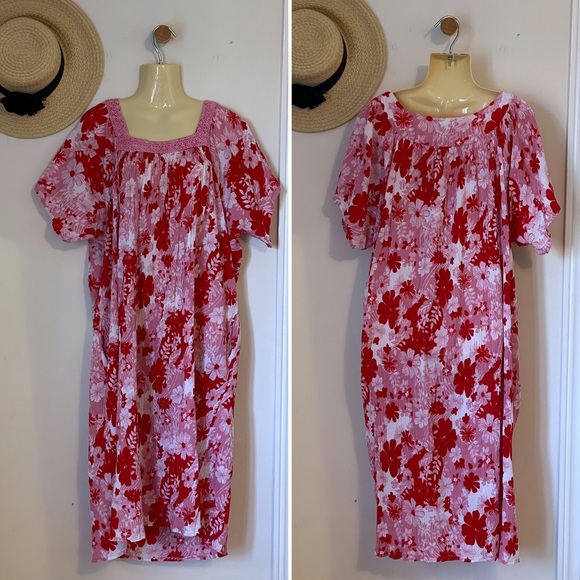 Vintage 100% cotton floral midi muumuu with square embroidered neckline, size XL - Picture 2 of 12